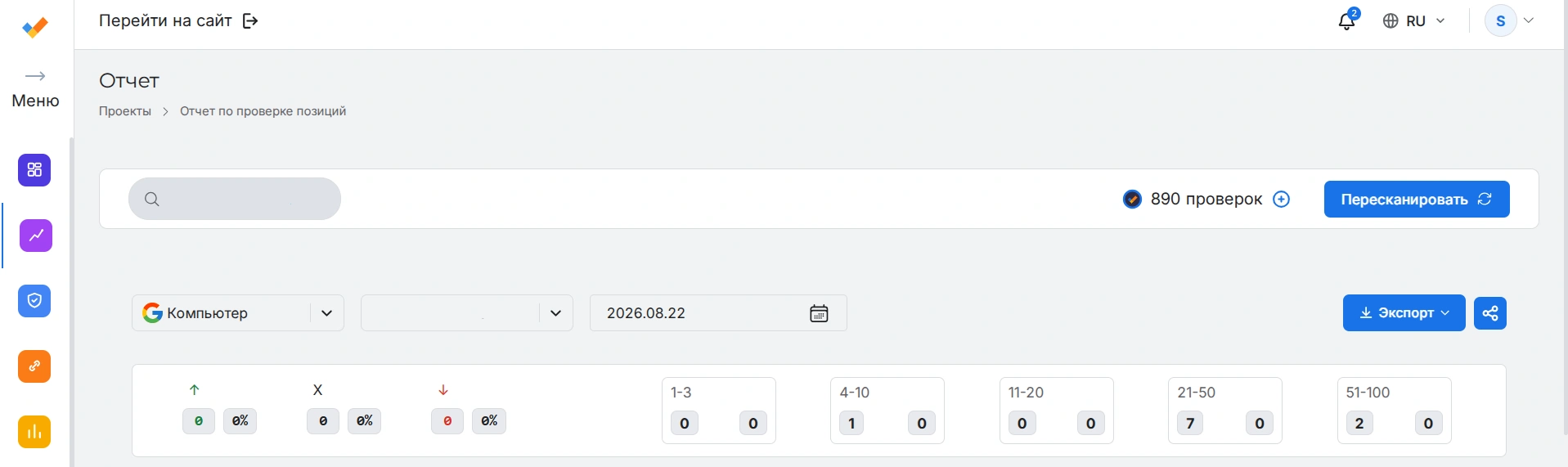 Пример отчета о позициях сайта на сервисе SEO Checker