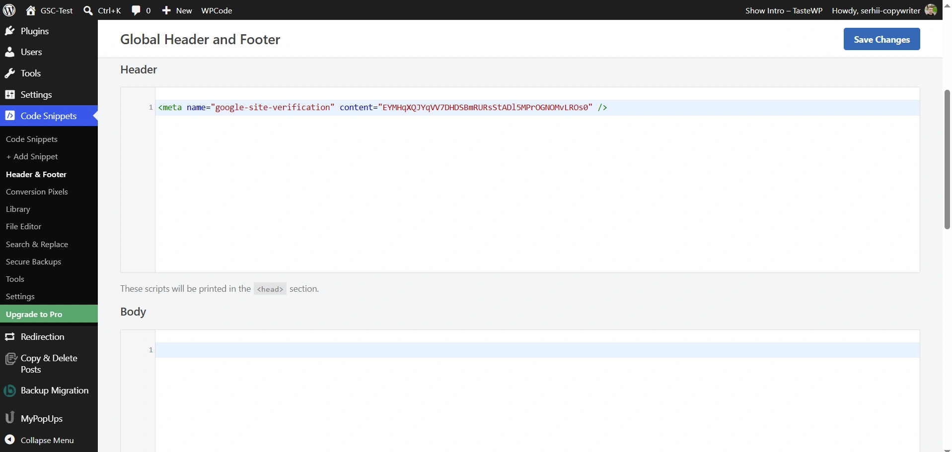 Подтверждение WordPress сайта в Search Console с плагином WPCode