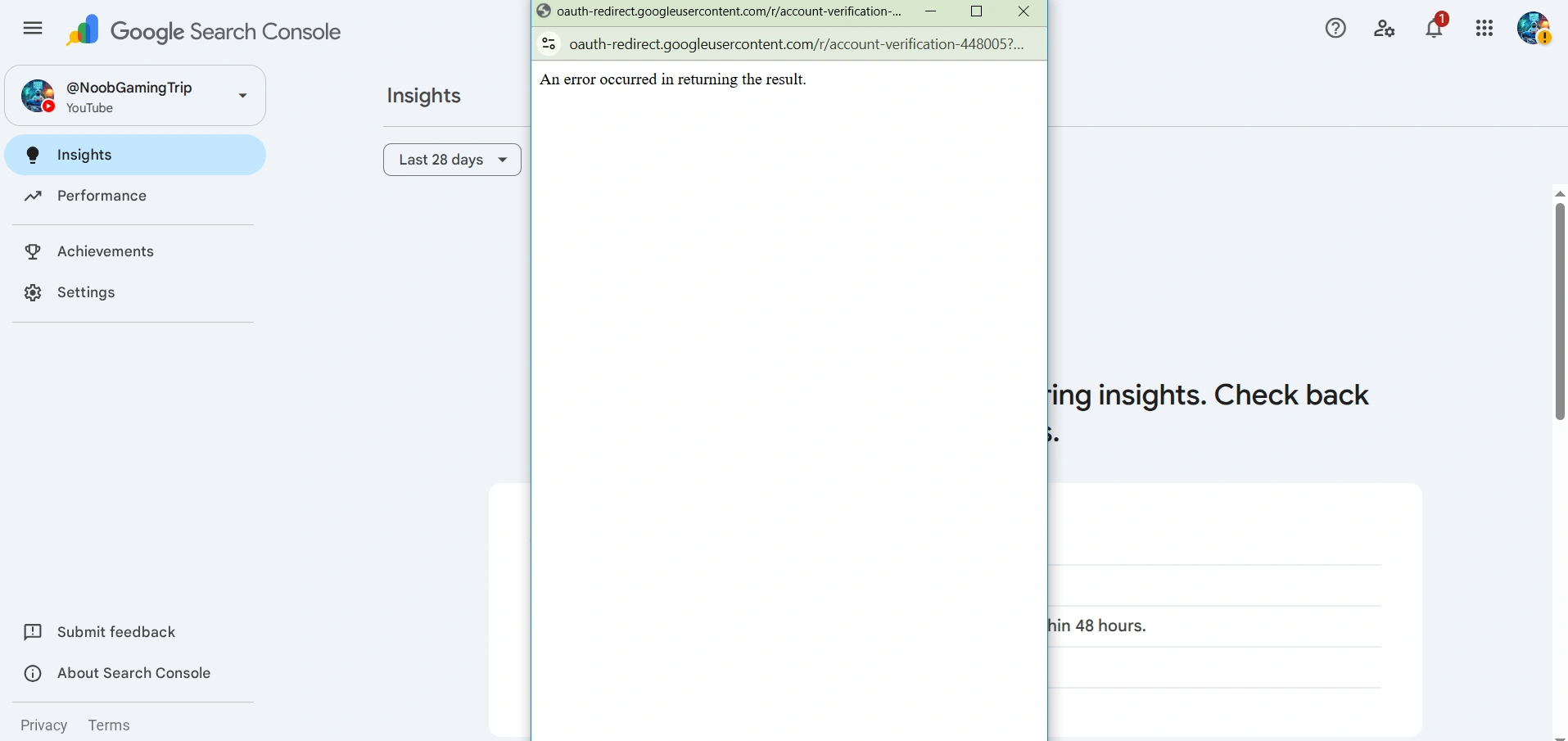 Ошибка при добавлении Twitter аккаунта в Search Console