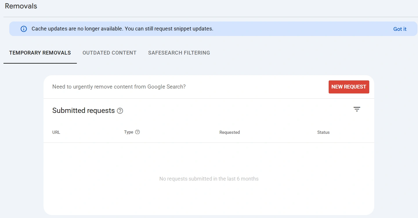 Formularz Search Console do usuwania stron z Google