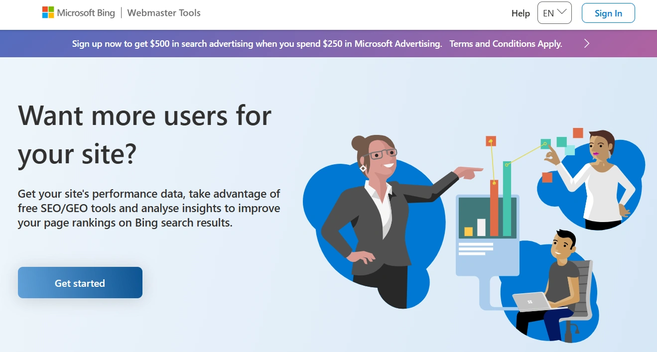 Main page of Bing Webmaster Tools platform
