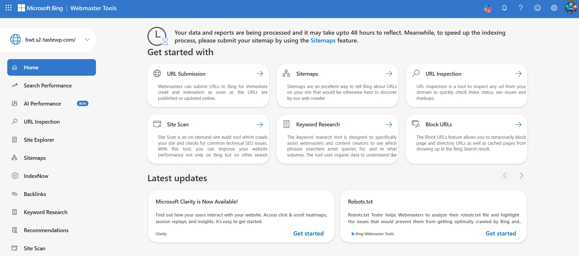 Notification of successful site addition in Bing Webmaster Tools