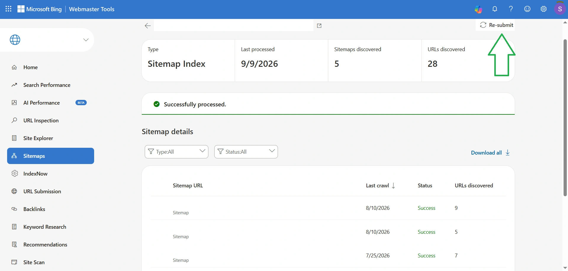 Example of sitemap analysis in Bing Webmaster Tools