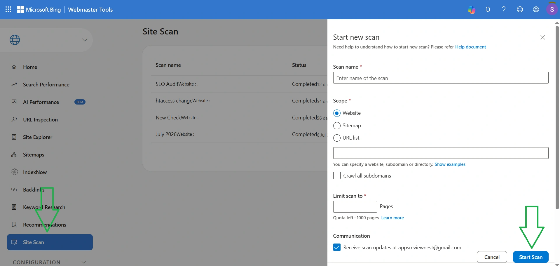 Instructions for launching a site scan in Bing Webmaster Tools