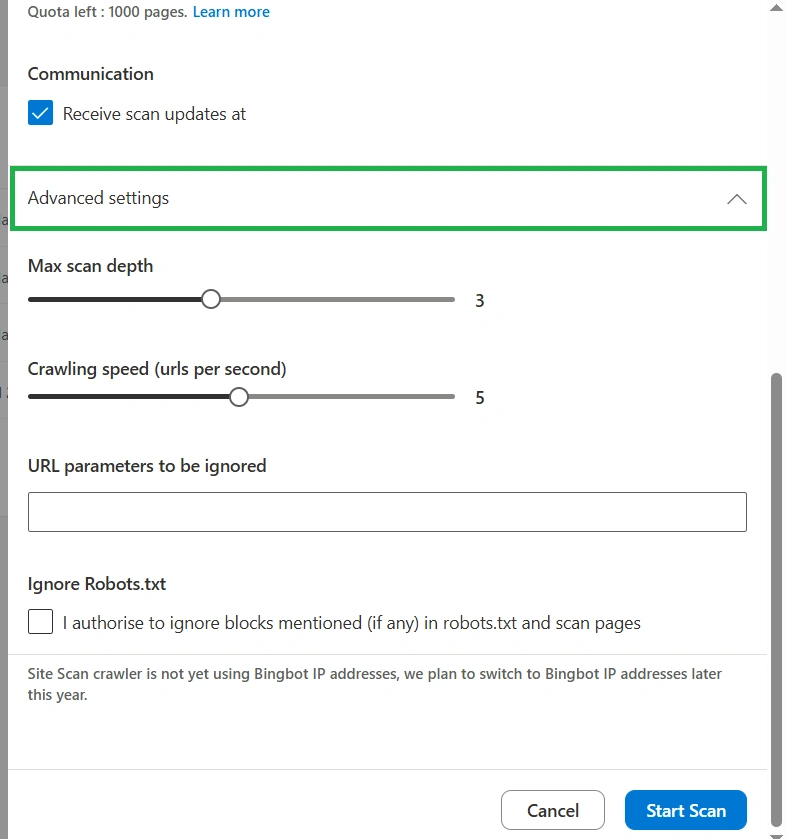 Additional site scan settings in Bing Webmaster Tools