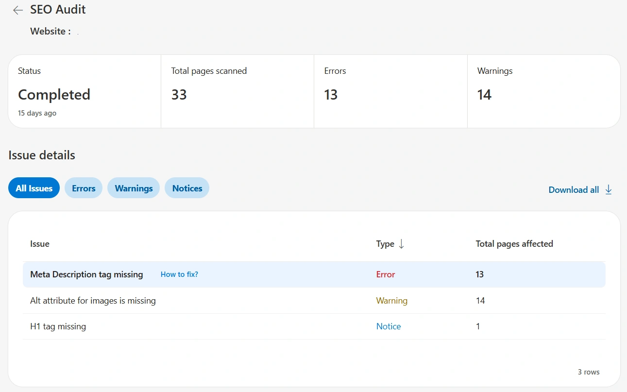 Example of site scanning in Bing Webmaster Tools