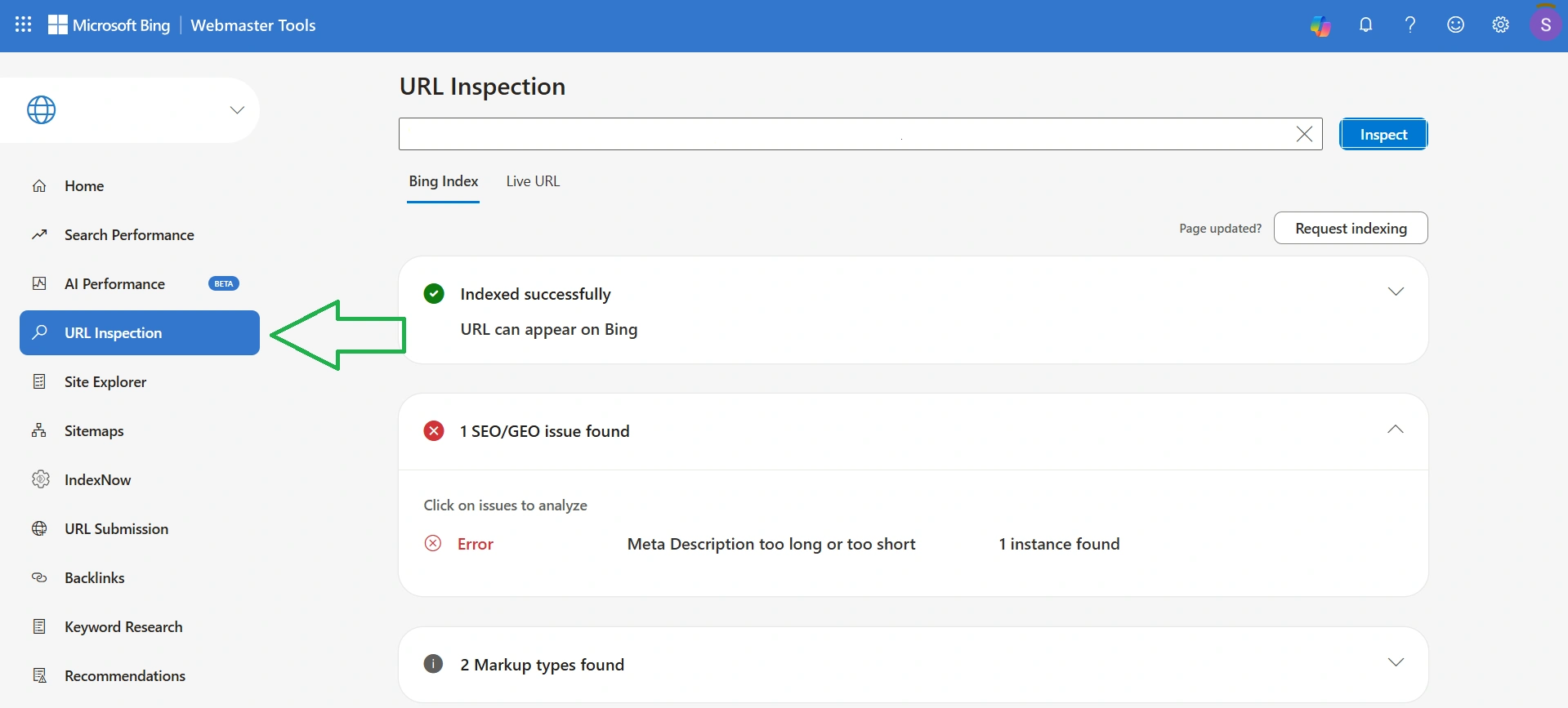 Example of checking page indexing in Bing Webmaster Tools