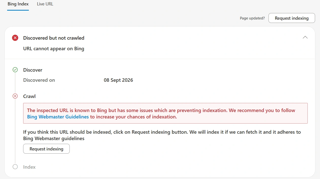 Example of indexing error on a site page in Bing
