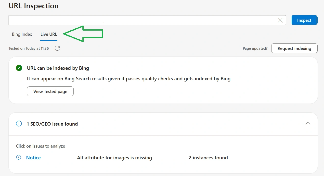 Example of dynamic URL check of the site in Bing Webmaster Tools