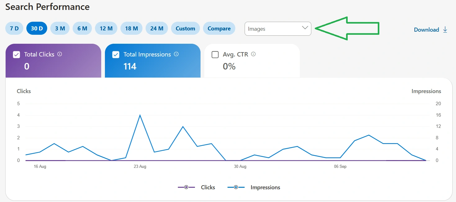 Analysis of Bing search results for your site by images