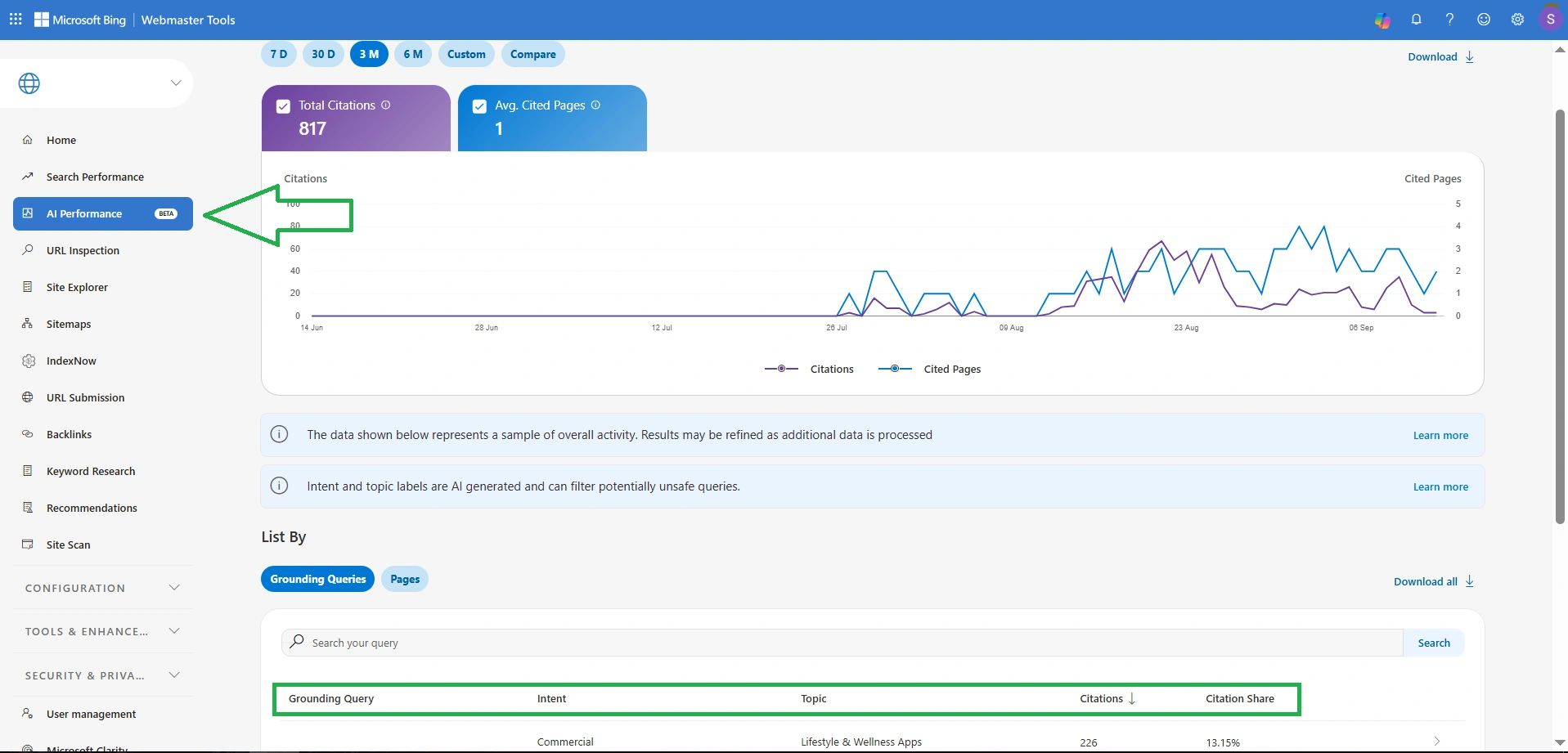 Example of checking mentions of your site in AI systems through Microsoft Bing