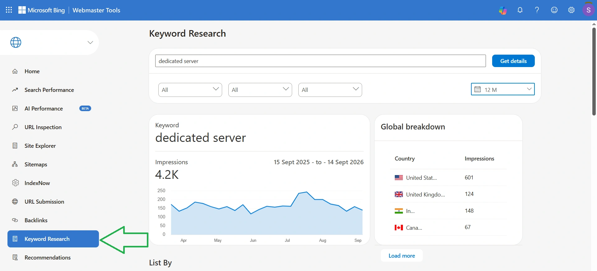 Free keyword search in Bing Webmaster Tools
