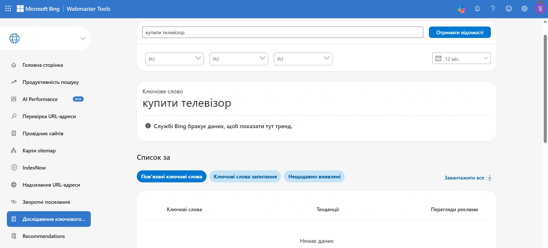 Приклад відсутності даних по україномовних запитах в Bing Webmaster Tools