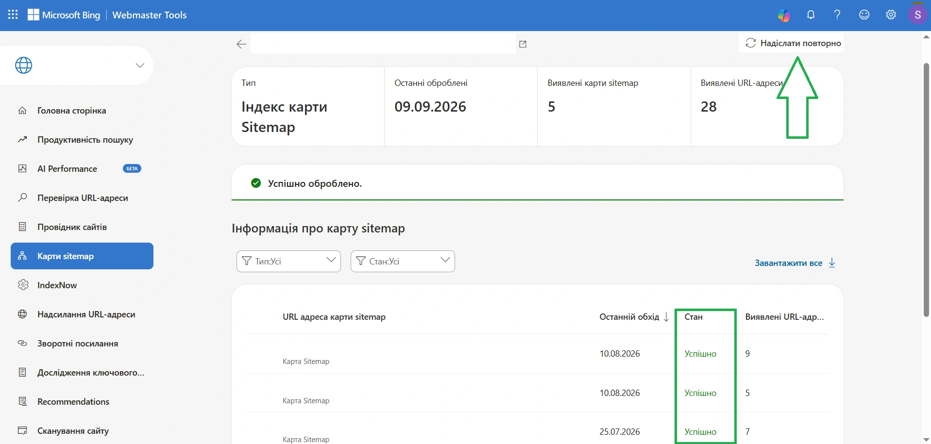 Приклад аналізу карти сайту в Bing Webmaster Tools