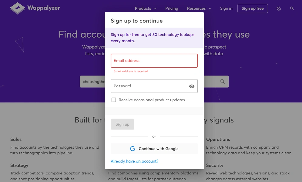 Реєстрація на сервісі для аналізу технологій сайту конкурента Wappalyzer