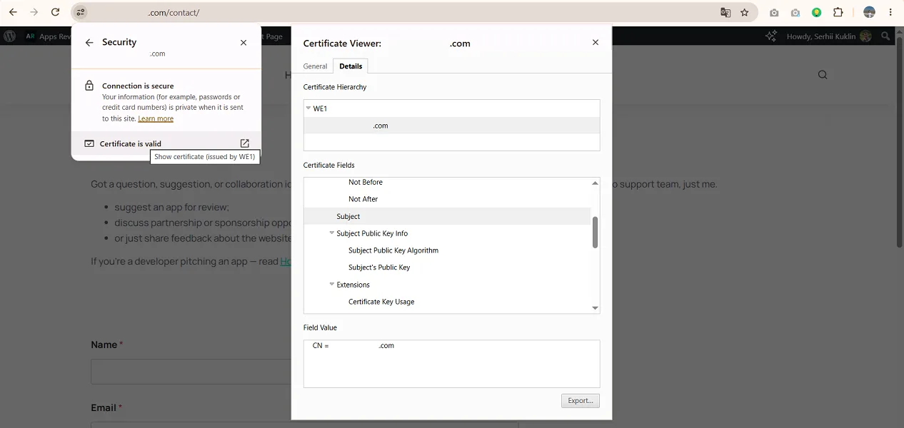 Example of a DV certificate on a site