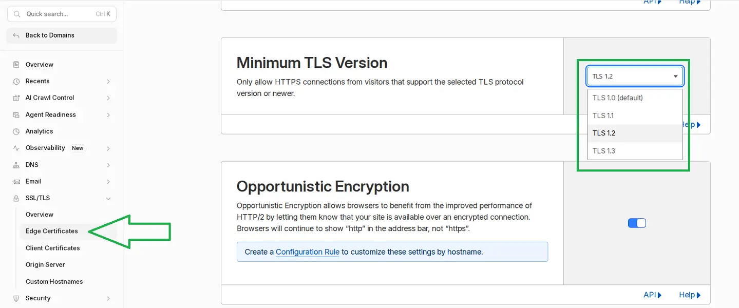 Changing the TLS version in Cloudflare settings